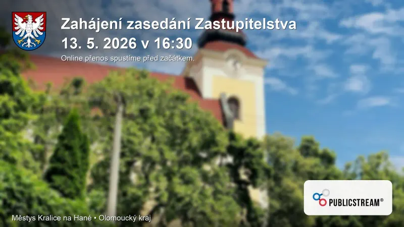 Čekací obrazovka PublicStream 360 před zahájením zasedání zastupitelstva městyse Kralice na Hané
